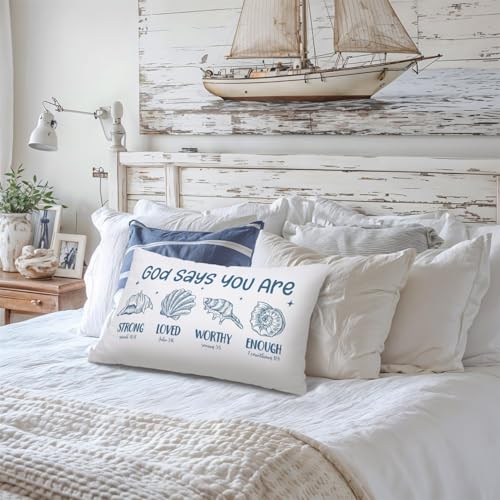 Lacama Blue Coastal Room Decor, Coastal Bible Throw Pillow Cover 12x20, Blue Dorm Decor, Christian Bible Verse Pillow Cover for Couch Bed Girly Room Bedroom Dorm, God Says You are Decor - color: Coast-god Says You Are