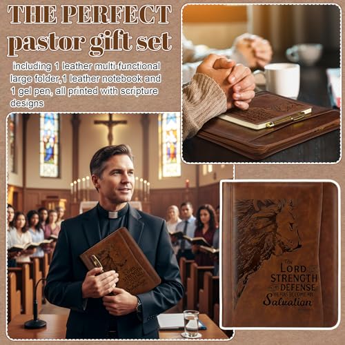 Fuyoooo 3 Pcs Lion Pastor Style Bible Verse Leather Portfolio Notebook Pens - style: Lion Pastor Style
