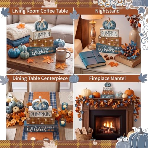 Lineshading 4 Pcs Blue Pumpkin Wooden Block Signs Fall Farmhouse Decor - style: Blue Pumpkin