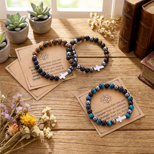 Kingdder 3 Pcs Cross Bracelet Tiger Eye Bracelet for Men 8mm Natural Stone Adjustable Christian Religious Birthday Jewelry - style: Cross