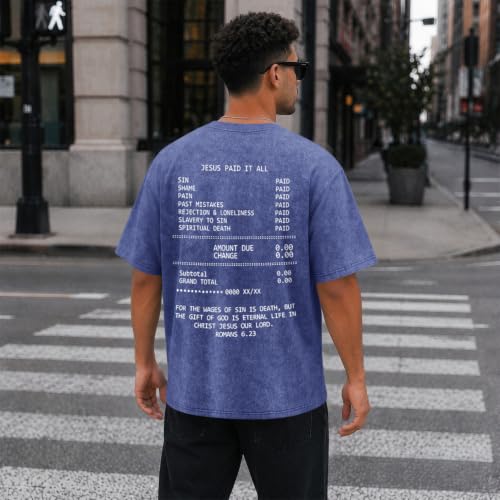 Christian Faith God Shirts for Men Jesus Bible Verse Acid Wash Shirt Oversized Religious Tshirts Vintage Graphic Tees - color: Blue, size: X-Large