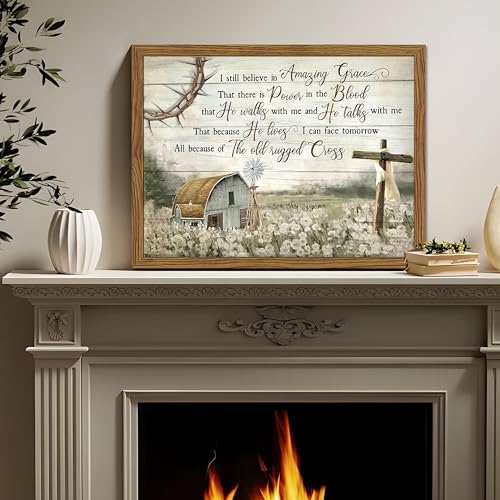 Cross Christian Wall Art Barn Windmill Country Pictures Framed 16x24 Inch - color: Hymn-wood, size: 24"L x 16"W