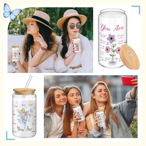 Mumufy 4 Pack Christian Flower Glass Cup, 16 oz Tumbler Mug with Bamboo Lid - style: Christian Flower