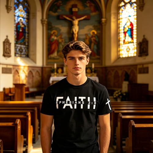 Christian Jesus Faith Shirts for Men Religious Bible Verse T-Shirt Inspirational Graphic Short Sleeve Tops - color: Black, size: Large