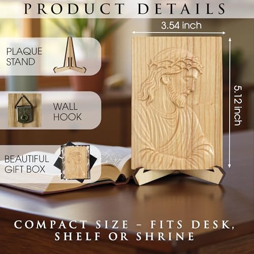 Hand-Carved Wooden Jesus Plaque – Christian Wall & Desk Decor with Stand, Natural Wood Relief Art, Catholic Religious Gift, Gift-Ready Box for Home Altar, Easter & Christmas - color: KAT-K- JESUS HAND-CRAVET