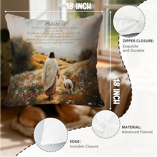 Jesus and Lamb Christian Pillow Covers 18x18, Christian Room Decor, Psalm 23 the Lord is My Shepherd Bible Verse Decorative Throw Pillow Covers for Home Church Prayer Room