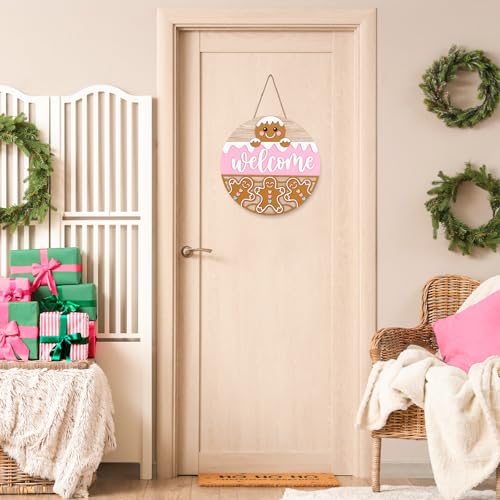 JarThenaAMCS Winter Welcome Door Sign Pink Brown snow Gingerbread Man Wooden Front Door Hanging Sign 3D Round Outdoor Hanger for Party Home Wall Porch Decorations, 12 Inch - style: Gingerbread Man