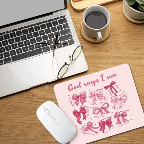 Pink Christian Bow Mouse Pad for Desk, Bible Religious Pink Office Accessories for Women Girls, Gifts for Christian Women Girls, God Says I Am, 9.4x7.8 Inch - color: pink bow