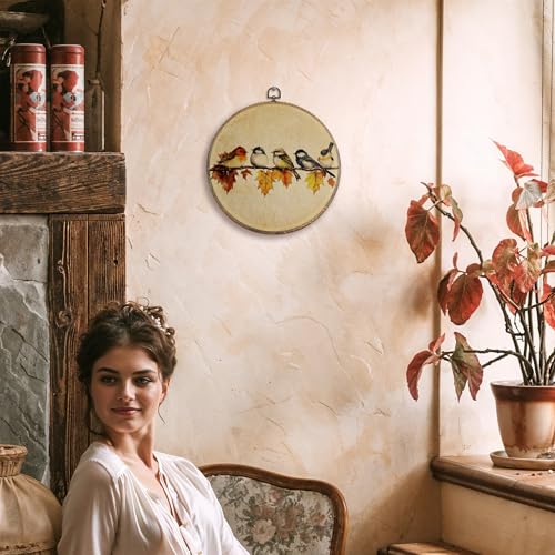 FUGWN Vintage Fall Leaf Bird Round Wall Art Decor Framed, Rustic Fall Canvas Artwork Prints, Vintage Farmhouse Autumn Branch Bird Wall Hanging Decorations for Home Living Room Bedroom, 10x10 Inch - color: red, brown, green, yellow