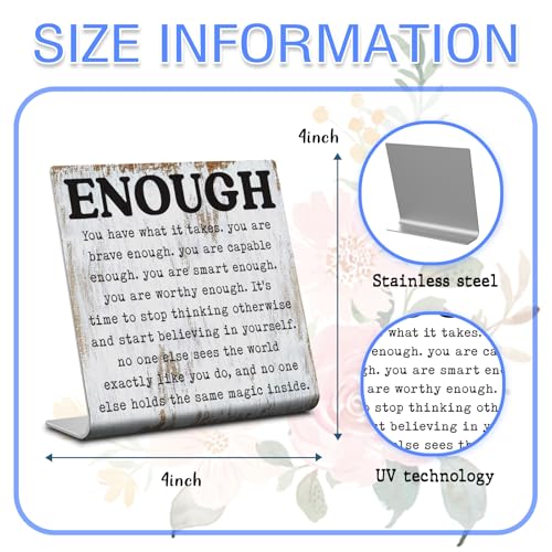 Enough Inspirational Desk Sign Self Worth Affirmation Plaque, Rustic Stainless Steel Motivational Quote Decor for Women, Teens, Therapists, Teachers, Office or Home Gift of Encouragement XLK515 - style: Enough
