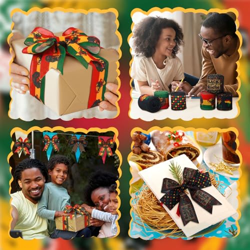 12 Rolls Black History Month Ribbons 2 Inch x 60 Yards Wired Edge Fabric Ribbons Craft Assortment Black History Month Themed Pattern Wrapping Crafts for DIY Gift Hair Sewing Wreath 12 Styles - style: Black Month