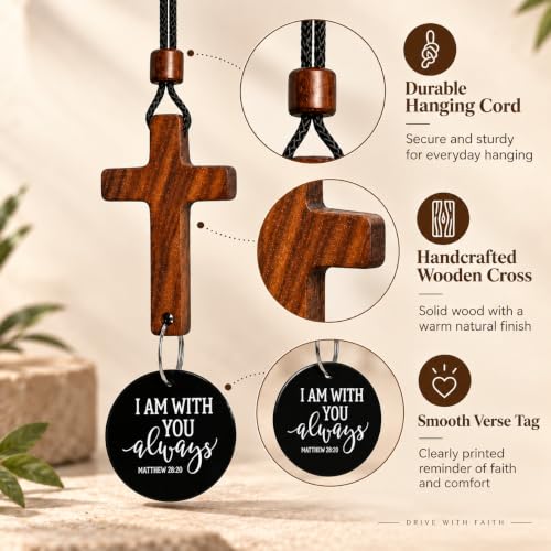 Hanging Cross for Car Mirror‑Tap with Smartphone for Daily Bible Verse, Wooden Rearview Mirror Pendant with Wristband, Christian Faith Gift for Men & Women, Handmade & Durable (Cross + Wristband) - color: Cross + Wristband