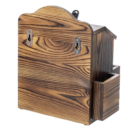 MyGift Suggestion Box with Slot and Lock, Donation Box for Fundraising, Complaint Case with Paper Sheet and Pen Holder Slots,Wall Mounted or Tabletop, Rustic Burnt Solid Wood - color: Rustic Brown