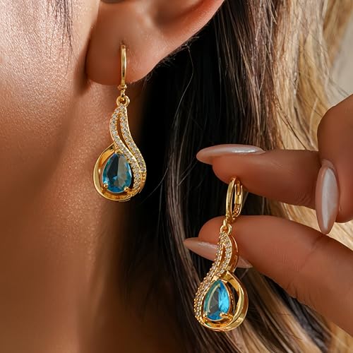 18K Gold Plated, Dangle Earrings for Women, Flower/Heart Drop earrings, Hypoallergenic Cubic Zirconia Earrings, Lightweight, Party, gold earrings, Jewelry for Gifts, Fashion - style: 0833-Blue