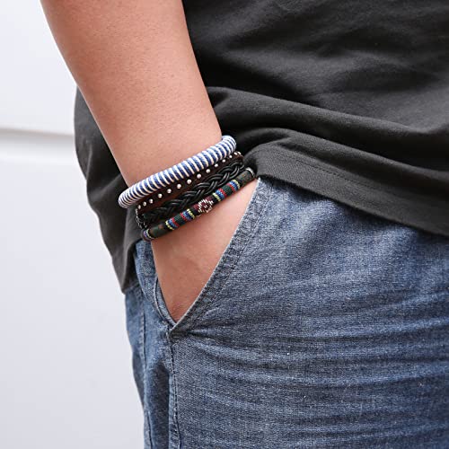 HZMAN Handmade Hemp Cords Wood Beads Leather Bracelets for Men Women - style: Blue Hemp Rope