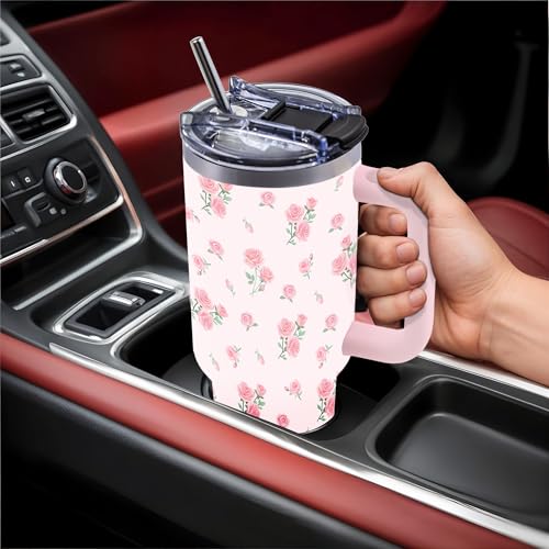 Rose 40 Oz Tumbler Gifts for Women, Pink Rose Flower Water Bottle with Handle - color: Rose-Pink