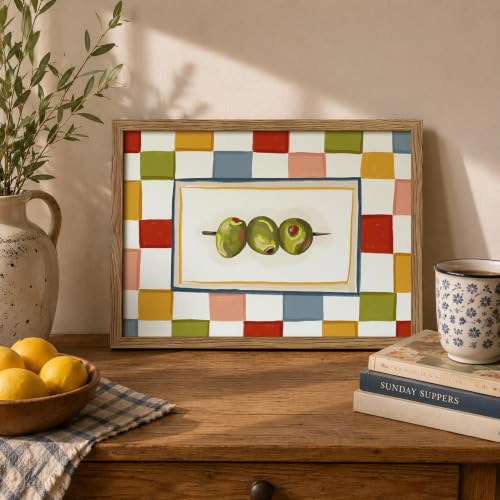 Framed Vintage Martini Wall Art, Italy Olive Kitchen Wall Decor Painting, Colorful Checkered Canvas Print, Rustic Cocktail Still Life Artwork Picture for Bar Kitchen Dining Room 12x16 Inch - color: Checkered Martini, size: 16"L x 12"W