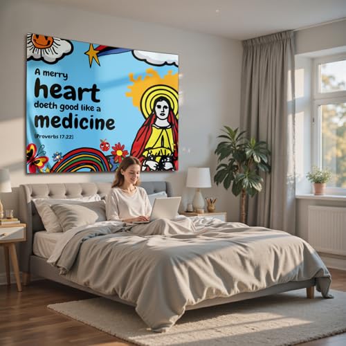 NIPINUS Christian Wall Tapestry with Bible Verses, Large tapestry wall hanging, Cute Blue Retro Motivational Flags Tapestry for Bedroom, Dorm, Living Room Decor Wall Art, 50×60 inches - color: Proverbs 17:22