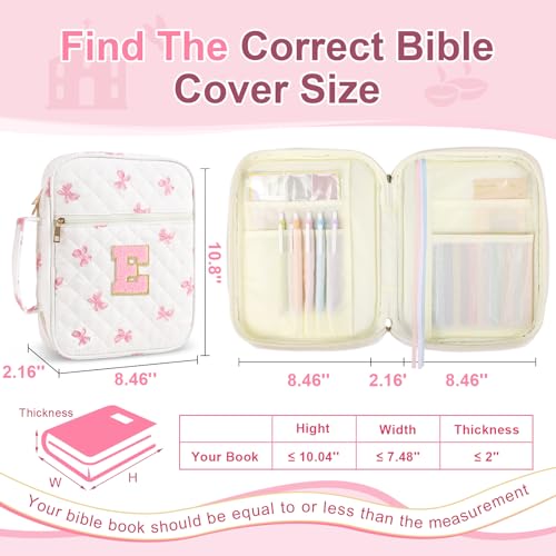 Personalized Initial Bible Cover Case for Women Girls Kid - Large Quilted Bible Case with Handle,Chenille Letter Bag Study Supplies,Christmas Gifts for Christians Birthday Graduationn(Pink Bow-E) - color: Pink Bow, size: letter-E