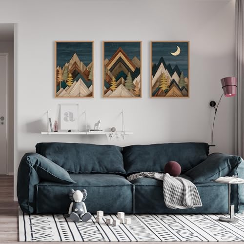HPNIUB Vintage Mountain Woodcut Nature Framed Canvas Wall Art Set-24"x36"x3 - color: Woodcut Mountain Wall Art, size: 24"L x 36"W