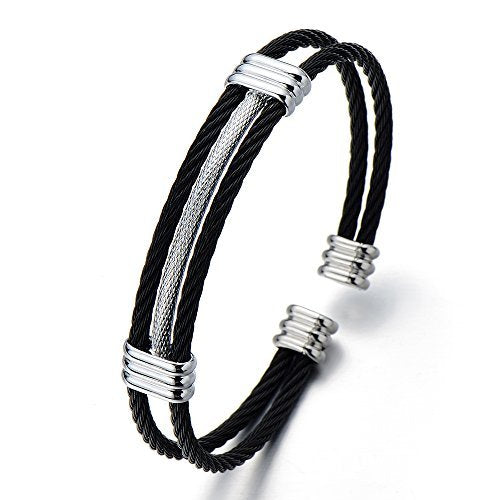 Men Women Stainless Steel Twisted Cable Adjustable Cuff Bangle Bracelet - color: C-Metal Color: Black & Silver