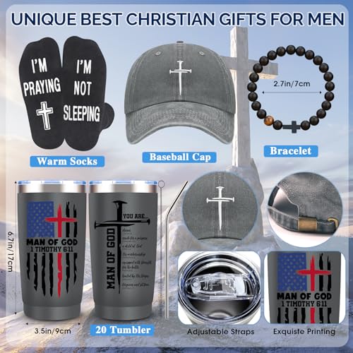 JTAMOHI 10 Pcs Christian Gifts for Men Faith, Inspirational Religious Gifts, Catholic Gift with 20 Oz Tumbler Bible Verses Crystal Plaque Hat Socks Bracelet for Husband, Dad, Grandpa, Friends