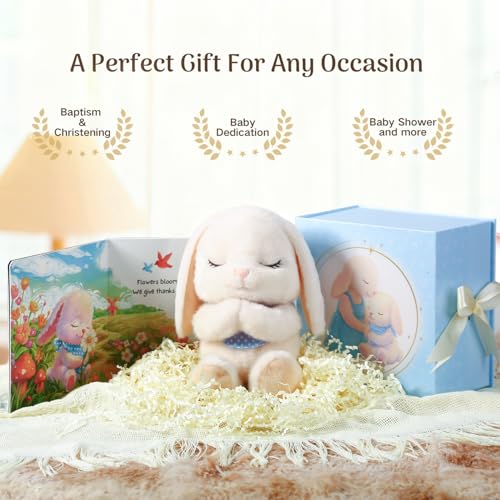 Baptism Gifts for Boys, Catholic Christening, Baby Dedication & Baptismal Gift Set for Baby Boys & Kids, with 9" Musical Praying Bunny Plush Toy & Everybunnies' Blessing Book in Keepsake Box - color: Blue
