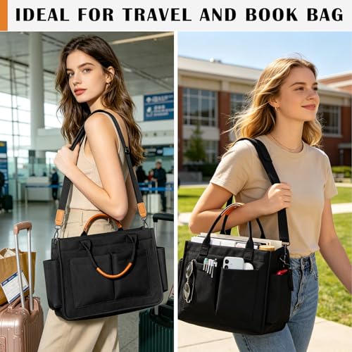 Janhavi Travel Tote Bag for Women with Zipper Closure & Shoulder Strap, Large Canvas Handbags for Bible Work Teacher Nurse - color: Black & Brown