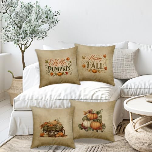Dibor Vintage Rustic Fall Leaves Pumpkin Throw Pillow Covers 18x18 Set of 4 - color: Hello