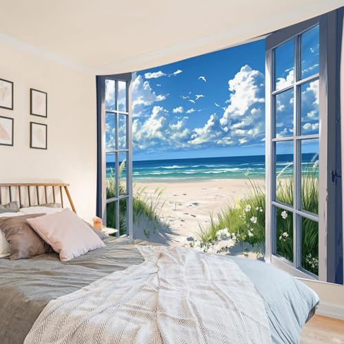 EOBTAIN Coastal Beach Wall Tapestry Blue Ocean and Sky outside the Window Landscape Tapestries Wall Hanging Summer Nature Poster Tapestry for Bedroom Living Room 59x51 Inch - color: Blue, size: 51"L x 59"W