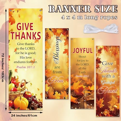 4Pcs Church Banners for Sanctuary Wall Welcome Inspirational Religious Hanging Backdrop Thanksgiving Fall Maple Leaves Pumpkins Church Banner Scripture Bible Verse Banner for Holiday School Decor - style: Give Thanks Fall
