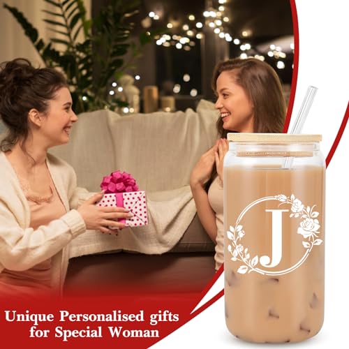 Birthday Gifts for Women, Monogrammed Initial Glass Cup Personalized Gifts for Women, 16oz Glass Cups with Lids and Straws, Iced Coffee Cup, Beer Can Shaped Glass - Gifts for Mothers Day, Christmas, J - style: J