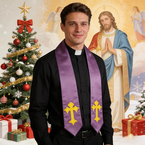 Choir Stole with Cross Embroidery for Church, Ideal for Costume,72" - color: Purple