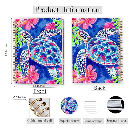 Preppy Beach Sea Turtle Notebook, Tropical Colorful Floral Ocean Journal, Sea Turtle Gifts for Women, Coastal Beach Marine Biology Spiral Notebook Journal 5.5x8.3 - color: Color 21