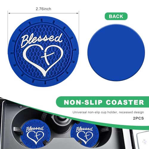 2 PCS Car Cup Holder Coaster, 2.76 Inch Non-Slip Auto Drink Mats with Blessed Cross and Heart, Shockproof Christian Cup Insert Coaster for Most Vehicles, Car Accessories (Blue) - color: Blue