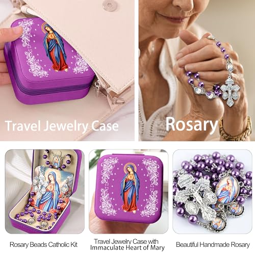 Catholic Rosary Necklace for Women with 8MM Glass Pearl Beads - Our Lady of Lourdes & Immaculate Heart of Mary Jewelry Gift, Travel Case, First Communion - color: Immaculate Heart-Purple