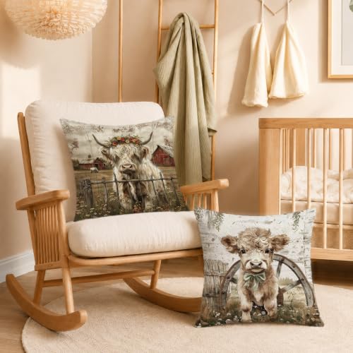 Farmhouse Highland Cow 18x18 Pillow Covers Set of 2 - color: Highland Cow-8