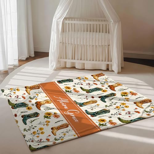 Personalized Cowgirl Boots Baby Girl Blanket, Floral Horse Boots Pattern Design, Custom Name Toddler Kids Throw, Rustic Nursery Decor, Baby Gift Idea - color: Cowgirl Boots Baby Girl Blanket