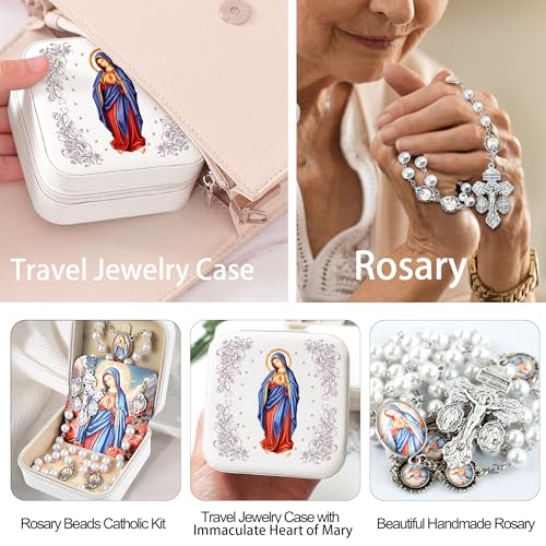 Catholic Rosary Necklace for Women with 8MM Glass Pearl Beads - Our Lady of Lourdes & Immaculate Heart of Mary Jewelry Gift, Travel Case, First Communion - color: Immaculate Heart-White
