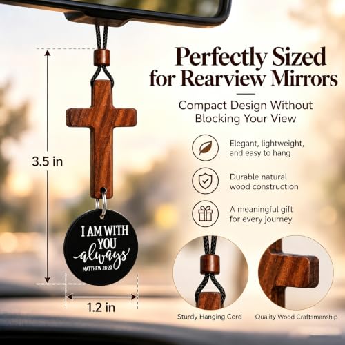 Hanging Cross for Car Mirror‑Tap with Smartphone for Daily Bible Verse, Wooden Rearview Mirror Pendant Accessory with Wristband, Christian Faith Gift for Men & Women, Handmade & Durable (Only Cross) - color: Only Cross