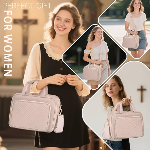 Bible Cover Case for Women Bible Study Supplies Christian Gifts for Women Church Camp Essentials Christian Bible Journaling Kit Quilted Large Bible Cover with Durable Handle (Pink, Large) - color: Pink