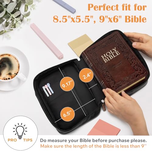 Small Bible Cover Case for Women and Men, 9x6 PU Leather Bible Sleeve, Compact Travel Bible Carrier Bag with Front Pen Holders, Zipper Closure, Inner Pockets - Black - color: Black, size: 9''x6.5''