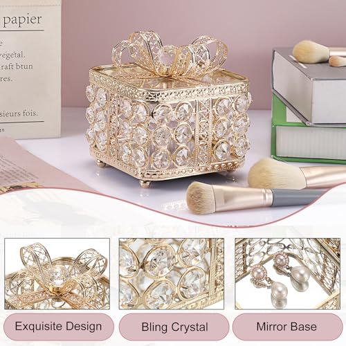 Hipiwe Vintage Crystal Jewelry Box with Glass Lid Sparkly Gold Trinket Box - color: Gold, size: Small