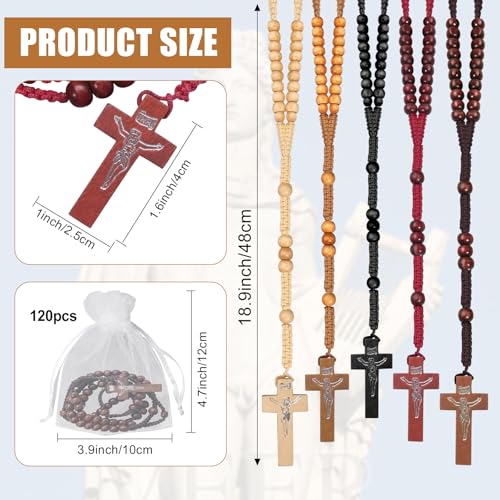 120 Set Wooden Rosary Beads Bulk Wood Catholic Rosaries Jesus Holy Cross First Communion Wood Carved Rosary with Organza Bags Religious Rosaries Catholic Baptism Church Present for Men Women Supplies