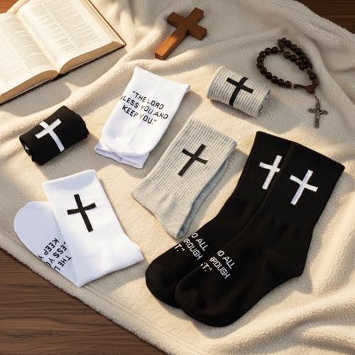 Cutecrop Christian Socks Cross Prayer Socks for Men Birthday Gift for Dad Husband Grandpa - color: Black,white,grey