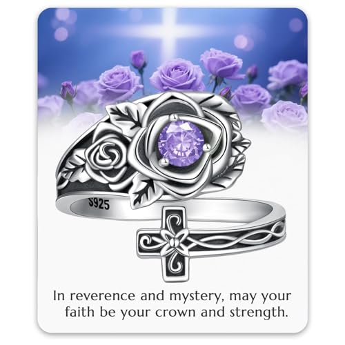 925 Sterling Silver Adjustable Spoon Ring Thumb Ring for Women Vintage Rose Cross Birthstone Victorian Jewelry Gift for Birthday Christmas Anniversary - color: 06-June-Alexandrite