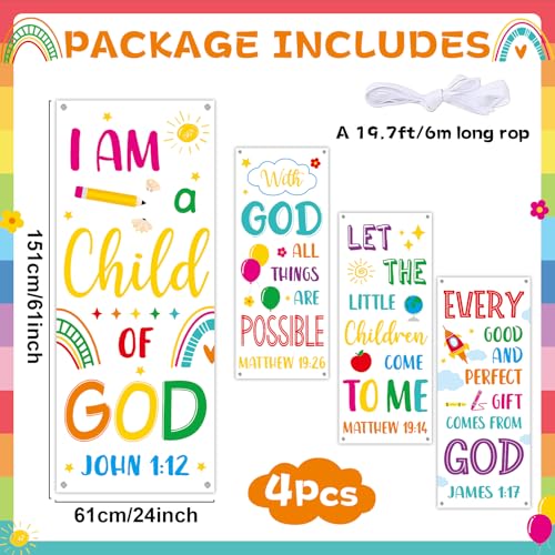 4PCS Church Banners with Scripture Religious Bible Verse Backdrops for Kids Christian Porch Decorations Inspirational Religious Hanging Signs for VBS Church Sunday School Classroom Wall Decor (White) - color: White