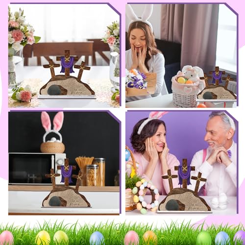Beeveer Empty Tomb Easter Scene and Cross Decoration He Is Risen Decor Religious Wooden Tabletop Signs Christian Table Centerpiece for Easter Birthday Rustic Farmhouse Home Spring Decor(Retro Style) - style: Retro Style