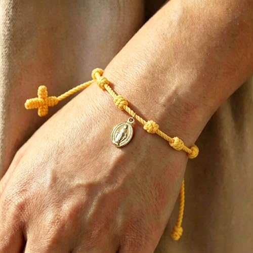 10 Knots Lucky Protection Rope Cross Bracelet For Women Men, Handmade Good Jesus Pendant Charm Amulet Adjustable Christian Pulsera Decenario String Jewelry, Daily Friendship Gift - color: Jesus Yellow
