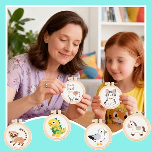 57lilina Easy Embroidery Kit for Kids Beginners, 6 Set Cute Stamped Pattern - color: Alpaca+Seagull+Cat+Horse+Dinosaur+Lemur